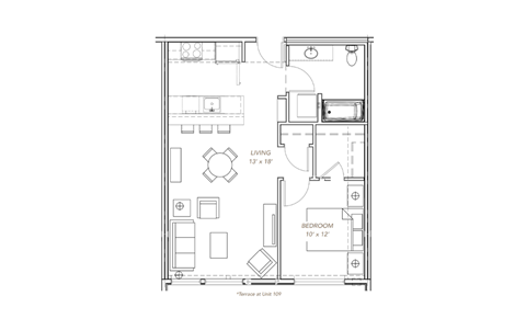 Floor plan for 1 bed, 1 bath, 696 sqft